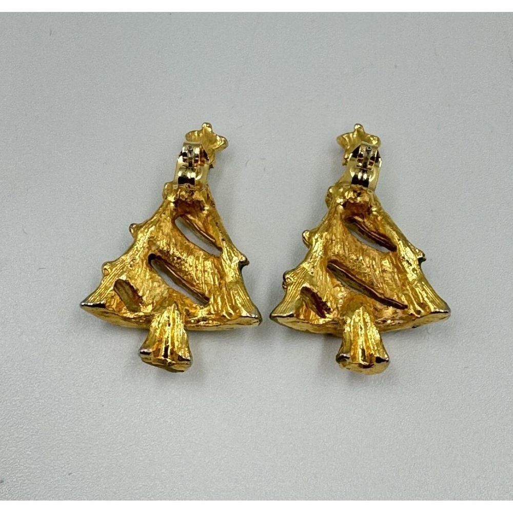 Vintage Gold Tone Green Christmas Tree Post Earrings Red Clear Rhinestones - Picture 7 of 7